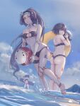  3girls absurdres android ass back ball barefoot beach beachball bikini black_hair breasts cloud countdown_timer day doll_joints feet girls&#039;_frontline goliath_(girls&#039;_frontline) guard_(girls&#039;_frontline) headwear_removed helmet helmet_removed highres holding holding_helmet innertube insignia jaeger_(girls&#039;_frontline) joints long_hair looking_back medium_breasts multicolored_hair multiple_girls number_tattoo outdoors pink_eyes pink_hair purple_hair sangvis_ferri short_hair short_twintails smile streaked_hair swimsuit tattoo toenail_polish toenails toes twintails very_long_hair vespid_(girls&#039;_frontline) visor water xyufsky 