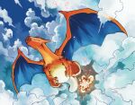  charizard claws closed_mouth cloud commentary_request fangs fire flying gen_1_pokemon green_eyes no_humans pokemon pokemon_(creature) sideways_glance solo yamanushi 