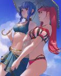  2girls a_(user_vtsy8742) bangs beach bikini blue_hair blush braid breasts brown_eyes closed_mouth crown_braid fire_emblem fire_emblem:_three_houses fire_emblem_heroes hair_ornament highres hilda_valentine_goneril large_breasts long_hair long_sleeves marianne_von_edmund multiple_girls navel pink_eyes pink_hair simple_background smile swimsuit twintails umbrella upper_body 