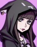  1girl animal_hood bangs black_eyes black_hair black_hoodie black_jacket blunt_bangs cat_hood closed_mouth commentary_request eyebrows_visible_through_hair highres hood hood_up hooded_jacket hoodie ilya_kuvshinov jacket lips lipstick long_hair looking_at_viewer makeup open_clothes open_jacket pink_background red_lips shin_subarashiki_kono_sekai shoka_(ntwewy) simple_background solo subarashiki_kono_sekai 