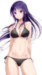  1girl arms_behind_back assault_lily bangs bikini black_bikini blunt_bangs breasts cowboy_shot groin highres looking_at_viewer medium_breasts meen_(ouaughikepdvrsf) o-ring o-ring_bikini o-ring_top purple_eyes purple_hair shirai_yuyu simple_background solo swimsuit white_background 