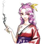  1girl :d bangs breasts cleavage dragon eyebrows_visible_through_hair holding holding_pipe japanese_clothes kimono kiseru komakusa_sannyo long_hair looking_at_viewer meimaru_inuchiyo open_clothes open_mouth pipe ponytail purple_hair red_eyes red_kimono red_robe ribbon smile smoke solo tattoo tobacco touhou wide_sleeves yellow_ribbon 