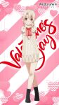  1girl black_footwear black_legwear boots copyright_name dress eyebrows_visible_through_hair fate/kaleid_liner_prisma_illya fate_(series) highres illyasviel_von_einzbern incoming_gift official_art phone_wallpaper red_eyes short_dress socks solo striped striped_background sweater sweater_dress valentine wallpaper white_hair 