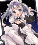  1girl :d animal_ear_fluff animal_ears apron bangs black_bow black_dress blue_eyes blush bow breasts cleavage commentary_request dress eyebrows_visible_through_hair fang feet_out_of_frame gau_(n00_shi) hair_bow hands_up long_hair long_sleeves looking_at_viewer maid maid_headdress medium_breasts open_mouth original pantyhose picture_frame puffy_long_sleeves puffy_sleeves purple_bow silver_hair sky smile solo star_(sky) starry_sky white_apron white_legwear 