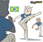  1girl alpaca alpaca_girl blue_shirt brazilian_flag flag kicking mugicaan1 odd_taxi open_mouth shirakawa_miho shirt short_sleeves sweat 