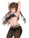  1girl armpits arms_behind_head arms_up bandeau bangs belt black_belt black_bra black_legwear black_panties bra breasts brown_eyes brown_hair commentary cowboy_shot dokomon eyebrows_visible_through_hair girls&#039;_frontline hair_between_eyes hair_ornament hairclip highres k-2_(girls&#039;_frontline) large_breasts long_hair looking_at_viewer navel open_mouth panties panties_under_pantyhose pantyhose simple_background solo standing stomach sweat underboob underwear white_background 