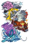  brown_eyes closed_mouth electricity entei fangs fire gen_2_pokemon jumping kokesa_kerokero legendary_pokemon no_humans paws pokemon pokemon_(creature) raikou red_eyes standing suicune symbol_commentary toes water white_background 