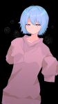  1girl absurdres black_background blue_hair closed_mouth commentary english_commentary gears highres light_blush looking_at_viewer original pink_eyes pink_sweater shiratakiseaice short_hair simple_background sleeves_past_fingers sleeves_past_wrists solo sweater upper_body 