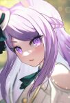  1girl animal_ears braid commentary_request dolce_(dolsuke) eyebrows_visible_through_hair hat highres horse_ears horse_girl long_hair looking_at_viewer mejiro_mcqueen_(umamusume) mini_hat open_mouth purple_eyes purple_hair solo umamusume upper_body white_headwear 