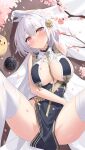  1girl arm_up armpits azur_lane bangs bare_shoulders blush braid breast_curtains breasts cherry_blossoms china_dress chinese_clothes cleavage commentary_request dress eyebrows_visible_through_hair flower gloves grey_dress hair_between_eyes hair_flower hair_ornament half_gloves highres kyonta large_breasts legs_up looking_at_viewer lying manjuu_(azur_lane) neckwear_between_breasts on_back parted_lips partial_commentary pelvic_curtain red_eyes revealing_clothes shadow sheer_clothes short_hair side_braid side_slit sidelocks sirius_(azur_lane) sirius_(azure_horizons)_(azur_lane) skindentation sleeveless sleeveless_dress solo_focus spread_legs thighhighs tree_branch white_gloves white_hair white_legwear wooden_floor 