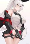  1girl bare_shoulders breasts earrings five-seven_(girls&#039;_frontline) five-seven_(gun) girls&#039;_frontline gun hair_ornament hairclip handgun high_ponytail highres jewelry large_breasts saturndxy solo weapon white_hair yellow_eyes 