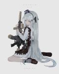  1girl 404_(girls&#039;_frontline) absurdres aqua_eyes assault_rifle enne_kl girls&#039;_frontline gun h&amp;k_hk416 highres hk416_(girls&#039;_frontline) kneeling long_hair official_alternate_costume rifle silver_hair solo teardrop_tattoo very_long_hair weapon 