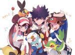  1girl 2boys ;) ;d bag bangs blue_eyes blue_jacket bow bright_pupils brown_eyes brown_hair closed_mouth commentary_request dated double_bun eyelashes fingerless_gloves gen_5_pokemon gloves highres holding holding_poke_ball holding_strap hugh_(pokemon) jacket legwear_under_shorts long_hair multiple_boys nate_(pokemon) number ohds101 ok_sign one_eye_closed open_mouth oshawott pantyhose pink_bow poke_ball poke_ball_(basic) pokemon pokemon_(creature) pokemon_(game) pokemon_bw2 raglan_sleeves rosa_(pokemon) short_hair short_shorts shorts smile snivy spiked_hair starter_pokemon_trio tepig tongue twintails upper_teeth visor_cap white_pupils yellow_eyes yellow_shorts zipper_pull_tab 