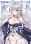  1girl absurdres animal_ears azur_lane bangs bare_shoulders blunt_bangs breasts bug butterfly choker cleavage collarbone commentary_request eyebrows_visible_through_hair eyes_visible_through_hair fox_ears fox_girl fox_tail hair_ornament highres insect kyuubi large_breasts long_hair looking_at_viewer makihige mole mole_under_eye multiple_tails off-shoulder_kimono off_shoulder parted_lips pleated_skirt shinano_(azur_lane) sidelocks silver_eyes silver_hair simple_background skirt solo tail thighhighs twitter_username white_legwear wide_sleeves zettai_ryouiki 