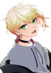  1other androgynous black_choker black_jacket blonde_hair choker ear_piercing earrings gradient_hair green_eyes grey_shirt hair_behind_ear highres jacket jewelry kikubayashi leaning_back looking_at_viewer melissa_kinrenka multicolored_hair nijisanji o-ring o-ring_choker off_shoulder open_mouth orange_hair piercing shirt short_hair smile solo upper_body virtual_youtuber white_background 