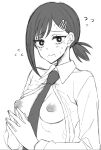  1girl black_hair breasts chainsaw_man flying_sweatdrops greyscale hair_ornament hairclip higashiyama_kobeni highres inverted_nipples mole mole_under_eye mole_under_mouth monochrome necktie nervous open_clothes open_shirt shirt short_ponytail solo sou_(mgn) sweat 