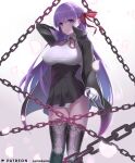  1girl absurdres bangs bb_(fate) bb_(fate)_(all) black_coat black_skirt blush breasts chain coat fate/extra fate/extra_ccc fate_(series) gloves hair_ribbon high-waist_skirt highres kamehito large_breasts leotard long_hair long_sleeves looking_at_viewer neck_ribbon open_clothes open_coat petals popped_collar purple_eyes purple_hair red_ribbon ribbon skirt smile solo thighs very_long_hair white_gloves white_leotard wide_sleeves 