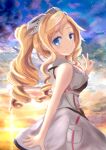  1girl blonde_hair blue_eyes breast_pocket cloud commentary_request cowboy_shot drill_hair faster_crisis headgear honolulu_(kancolle) kantai_collection long_hair looking_at_viewer pocket sleeveless solo star_(sky) sunset twin_drills v 