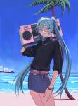  1girl aqua_hair beach belt black-framed_eyewear black_sweater blue_eyes blue_skirt blue_sky boombox carrying_over_shoulder day denim denim_skirt english_commentary flat_chest hatsune_miku highres jewelry long_hair looking_at_viewer necklace ocean outdoors palm_tree pencil_skirt pink-tinted_eyewear pink_belt round_eyewear skirt sky sleeves_pushed_up smile solo standing sunglasses sweater tree turtleneck turtleneck_sweater twintails vaporwave vertigris very_long_hair vocaloid 