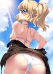  1girl ass bikini blonde_hair blue_eyes blush brown_jacket butt_crack cameltoe closed_mouth eyebrows_visible_through_hair from_below girls_und_panzer highres jacket kay_(girls_und_panzer) kuzuryuu_kennosuke looking_at_viewer looking_back looking_down military military_jacket military_uniform outdoors ponytail saunders_military_uniform shiny shiny_hair shoulder_blades skindentation sky smile solo sunglasses swimsuit uniform white_bikini 