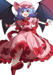  1girl :d ascot back_bow bangs bat_wings blue_hair blush bow breasts brooch commentary_request dress dress_bow e.o. eyebrows_visible_through_hair fang foreshortening frilled_shirt_collar frills full_body hair_between_eyes hat hat_ribbon high_heels highres jewelry looking_at_viewer medium_hair mob_cap open_mouth orange_eyes outstretched_arms perspective petticoat pink_dress pink_headwear puffy_short_sleeves puffy_sleeves red_bow red_footwear red_neckwear red_ribbon remilia_scarlet ribbon short_sleeves simple_background sketch skin_fang small_breasts smile solo touhou v-shaped_eyebrows white_background wings wrist_cuffs 