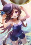  1girl :d animal_ears arms_up ball bangs bare_arms bare_shoulders beachball blue_flower blue_headwear blue_rose blue_swimsuit blush breasts brown_hair commentary_request eyebrows_visible_through_hair flower hair_over_one_eye hat hat_flower horse_ears horse_girl horse_tail long_hair meyamu one-piece_swimsuit open_mouth purple_eyes rice_shower_(umamusume) rose school_swimsuit small_breasts smile solo standing swimsuit tail tilted_headwear umamusume very_long_hair water 