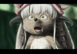  1other 4shi bangs blurry blurry_background commentary derivative_work fur furry helmet highres horizontal_pupils horned_helmet letterboxed long_hair made_in_abyss meme nanachi_(made_in_abyss) open_mouth parody realistic screencap_redraw solo sonic_(series) sonic_the_hedgehog_(film) teeth whiskers white_hair yellow_eyes 