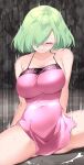  1girl blush breasts chinese_clothes covered_navel dress dudou fallen_down green_hair hair_over_one_eye highres lace_trim large_breasts legs_apart li_zhiheng livia_(my_harem_grew_so_large_i_was_forced_to_ascend) mole mole_on_breast my_harem_grew_so_large_i_was_forced_to_ascend no_bra no_panties pelvic_curtain pink_clothes shiny shiny_clothes short_hair side_slit tagme thighs 