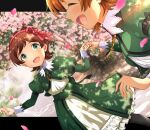  2girls :o absurdres antenna_hair bangs black_legwear breasts brown_hair cherry_blossoms closed_eyes dress frills green_dress green_eyes hair_ribbon hanamasa_ono highres holding_hands idolmaster idolmaster_million_live! idolmaster_million_live!_theater_days jewelry kinoshita_hinata light_blush long_sleeves multiple_girls open_mouth orange_hair pendant petals pink_ribbon rainbow ribbon short_hair small_breasts smile yabuki_kana 