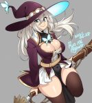  1girl 2021 agawa_ryou blue_eyes breasts broom brown_legwear cleavage commentary dated grey_background hat large_breasts long_hair looking_at_viewer original signature silver_hair smile solo thick_thighs thighhighs thighs witch_hat 