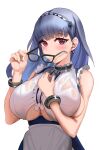  1girl anchor_symbol azur_lane bare_shoulders bespectacled blue_hair breasts clothing_cutout collar dido_(azur_lane) eyebrows_visible_through_hair frilled_shirt frills glasses highres holding holding_eyewear huge_breasts long_hair looking_at_viewer lovejin2015 metal_collar red_eyes shirt sideboob simple_background sleeveless sleeveless_shirt solo underboob underboob_cutout wet wet_clothes wet_shirt white_background 