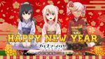  2021 3girls :d bangs black_hair chloe_von_einzbern dark-skinned_female dark_skin fate/kaleid_liner_prisma_illya fate_(series) happy_new_year highres illyasviel_von_einzbern looking_at_viewer miyu_edelfelt multiple_girls new_year official_art open_mouth pink_hair sitting smile wariza white_hair 