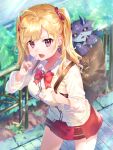  1girl ahoge bag bangs blonde_hair blurry blurry_background blush bow breasts candy collared_shirt commentary_request day debidebi_debiru depth_of_field earrings eyebrows_visible_through_hair fang food hair_bow highres holding holding_candy holding_food holding_lollipop in_bag in_container jacket jewelry lollipop long_hair looking_at_viewer medium_breasts nijisanji omelet_tomato open_mouth outdoors pleated_skirt purple_eyes railing red_bow red_skirt school_bag school_uniform shirt skirt takamiya_rion twintails v-shaped_eyebrows virtual_youtuber white_jacket white_shirt 
