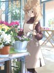  1girl beige_dress black_legwear braid brown_eyes brown_sweater commission dress flower gradient_hair jewelry kantai_collection light_brown_hair long_hair long_sleeves matsutani minegumo_(kancolle) multicolored_hair official_alternate_costume outdoors pinafore_dress plant potted_plant ring solo standing sweater table twin_braids watering_can wedding_band 