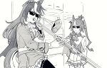  2girls air_groove_(umamusume) animal_ears breasts clenched_hand cravat epaulettes gloves greyscale high_ponytail highres horse_ears horse_girl horse_tail instrument jacket long_hair medium_breasts meme monochrome multicolored_hair multiple_girls music playing_instrument ponytail single_epaulette skirt sunglasses symboli_rudolf_(umamusume) tail tail_through_clothes takatsuki_nato thighhighs tokai_teio_(umamusume) trombone umamusume when_mama_isn&#039;t_home 