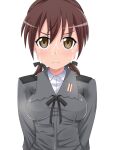  1girl armpits arms_at_sides bangs black_ribbon breasts brown_hair collared_shirt frown gertrud_barkhorn hair_ribbon kumaman6 looking_at_viewer military military_uniform ribbon shirt simple_background small_breasts strike_witches sweat sweaty_clothes twintails uniform white_background world_witches_series 
