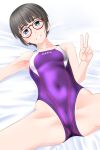  1girl absurdres bangs black_hair blue_eyes blunt_bangs breasts clothes_writing competition_swimsuit covered_navel cowboy_shot glasses grin highres looking_at_viewer lying multicolored multicolored_clothes multicolored_swimsuit one-piece_swimsuit original purple_swimsuit red-framed_eyewear short_hair small_breasts smile solo spread_legs swimsuit takafumi v 