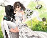  1girl 1other :d absurdres arknights black_coat blush breasts bridal_veil brown_hair bush carrying coat covered_navel day doctor_(arknights) dress drone earrings elbow_gloves eyebrows_visible_through_hair feet_out_of_frame flower frilled_dress frills garter_straps glint gloves hair_ornament high_heels highres holding holding_flower hood hood_up hooded_coat jewelry long_dress magallan_(arknights) medium_breasts multicolored_hair open_mouth outdoors panties pantyshot princess_carry robot rose see-through short_hair sigm@ silver_hair single_earring sleeveless sleeveless_dress smile snowflake_hair_ornament streaked_hair thighhighs thighs two-tone_hair underwear veil wedding_dress white_flower white_footwear white_gloves white_legwear white_panties white_rose yellow_eyes 