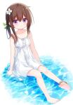  1girl anklet bangs bare_arms bare_shoulders barefoot blush brown_hair closed_mouth collarbone commentary_request dress eyebrows_visible_through_hair flower full_body hair_between_eyes hair_flower hair_ornament hairclip jewelry long_hair original purple_eyes shallow_water shiho_(yuuhagi_(amaretto-no-natsu)) sitting sleeveless sleeveless_dress soles solo strap_slip water wavy_mouth white_background white_dress white_flower yuuhagi_(amaretto-no-natsu) 