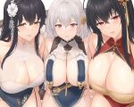  3girls azuma_(azur_lane) azuma_(soft_voice_of_spring)_(azur_lane) azur_lane bangs bare_shoulders black_hair blush braid breast_curtains breasts brown_eyes china_dress chinese_clothes cleavage cleavage_cutout clothing_cutout crossed_bangs dress flower grey_dress hair_flower hair_ornament large_breasts long_hair looking_at_viewer multiple_girls neckwear_between_breasts official_alternate_costume red_dress red_eyes revealing_clothes sama_samasa short_hair side_braid sirius_(azur_lane) sirius_(azure_horizons)_(azur_lane) smile taihou_(azur_lane) taihou_(phoenix&#039;s_spring_song)_(azur_lane) white_hair 