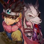  2boys absurdres angry black_hair brown_hair cape dragon_quest dragon_quest_iii eyepatch furry gloves hair_ornament highres looking_at_viewer multiple_boys roto short_hair simple_background smile star_fox super_smash_bros. wolf_o&#039;donnell yasaikakiage 