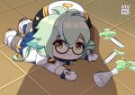  apu_spills_his_tendies_(meme) artist_name bangs character_request chibi closed_mouth commentary english_commentary erlenmeyer_flask eyebrows_visible_through_hair frown full_body genshin_impact glasses gloves green_hair hair_between_eyes hat long_hair looking_at_viewer lying on_floor on_stomach solo spill stormzero symbol_commentary test_tube tile_floor tiles watermark white_gloves white_headwear yellow_eyes 