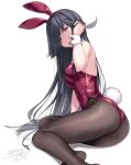  1girl alternate_costume animal_ears ass black_hair black_legwear blush bow bowtie breasts bunny_ears bunny_tail commentary_request dated detached_collar eyebrows_visible_through_hair fake_animal_ears fake_tail hair_over_one_eye hand_in_hair hayashimo_(kancolle) highres kantai_collection leotard long_hair looking_at_viewer medium_breasts pantyhose playboy_bunny purple_leotard red_leotard ribbon rokuwata_tomoe side-tie_leotard signature simple_background sitting solo strapless strapless_leotard tail twitter_username white_background wrist_cuffs yokozuwari 