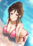  1girl alternate_hairstyle bikini blush braid breasts brown_eyes brown_hair cleavage hair_bun highres kanojo_okarishimasu large_breasts loli_hooker looking_at_viewer mizuhara_chizuru partially_submerged pink_bikini pool poolside smile solo swimsuit tied_hair water wet 