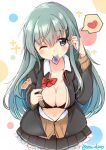  1girl aqua_hair bangs black_bra black_jacket black_skirt blush bow bowtie bra breasts cleavage condom condom_wrapper eyebrows_visible_through_hair frilled_skirt frills grey_eyes hair_ornament hairclip heart jacket kantai_collection large_breasts long_hair long_sleeves mouth_hold one_eye_closed open_clothes open_jacket pleated_skirt polka_dot polka_dot_background red_neckwear simple_background skirt solo sou_(soutennkouchi) sparkle spoken_heart suzuya_(kancolle) sweater_vest twitter_username underwear 