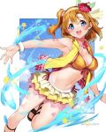  1girl :d bikini black_footwear blue_sky breasts cleavage cloud flower frilled_bikini frills hair_flower hair_ornament hairband highres kousaka_honoka looking_at_viewer love_live! love_live!_school_idol_project medium_breasts nakano_maru navel open_mouth orange_bikini orange_hair sandals short_hair side_ponytail sky smile solo swimsuit twitter_username yellow_hairband 