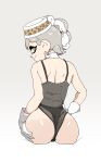  +_+ 1girl ass black_leotard black_panties brown_eyes domino_mask earrings from_behind gloves gradient gradient_background grey_background grey_hair hand_on_own_ass highres jewelry leotard marie_(splatoon) mask medium_hair panties profile solo splatoon_(series) underwear white_gloves yuta_agc 