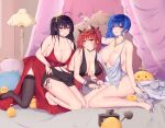  3girls absurdres alcohol alternate_costume azur_lane backless_dress backless_outfit bangs bare_shoulders black_choker black_dress black_hair black_legwear black_ribbon blue_hair blue_nails breast_grab breasts center_opening champagne champagne_flute choker cleavage cocktail_dress crossed_bangs cup dress drinking_glass evening_gown full_body grabbing grabbing_from_behind hair_between_eyes hair_ornament hairclip halter_dress halterneck high_heels highres holding holding_cup honolulu_(azur_lane) huge_breasts indoors lace-trimmed_legwear lace_trim lamp long_hair manjuu_(azur_lane) multiple_girls nail_polish official_alternate_costume on_bed pink_eyes plunging_neckline pouring red_choker red_dress red_eyes red_hair revealing_clothes ribbon side_ponytail side_slit sidelocks silver_dress silver_footwear sleeveless sleeveless_dress st._louis_(azur_lane) st._louis_(luxurious_wheels)_(azur_lane) taihou_(azur_lane) taihou_(forbidden_feast)_(azur_lane) thighhighs thighs twintails very_long_hair wine xianyue_liuyu yuri 