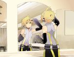  1boy adjusting_hair bare_shoulders bass_clef belt black_shorts black_sleeves blonde_hair commentary cowboy_shot d_futagosaikyou detached_sleeves from_behind green_eyes highres indoors kagamine_len kagamine_len_(append) male_focus mirror navel pendant_choker reflection shirt short_ponytail shorts sleeveless sleeveless_shirt solo spiked_hair standing turtleneck vocaloid vocaloid_append 