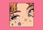  1girl border cross eyeliner eyeshadow highres makeup minillustration orange_hair original pink_border pink_eyes smiley_face solo square star_(symbol) 